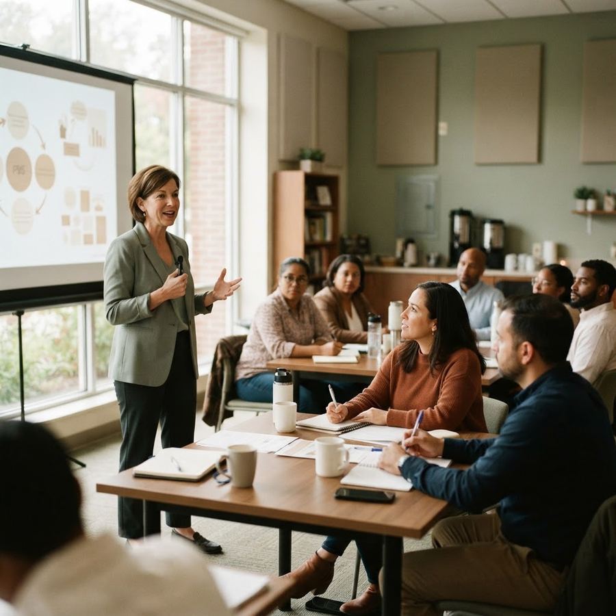 A facilitator leading a small Positive Behaviour Support training session
